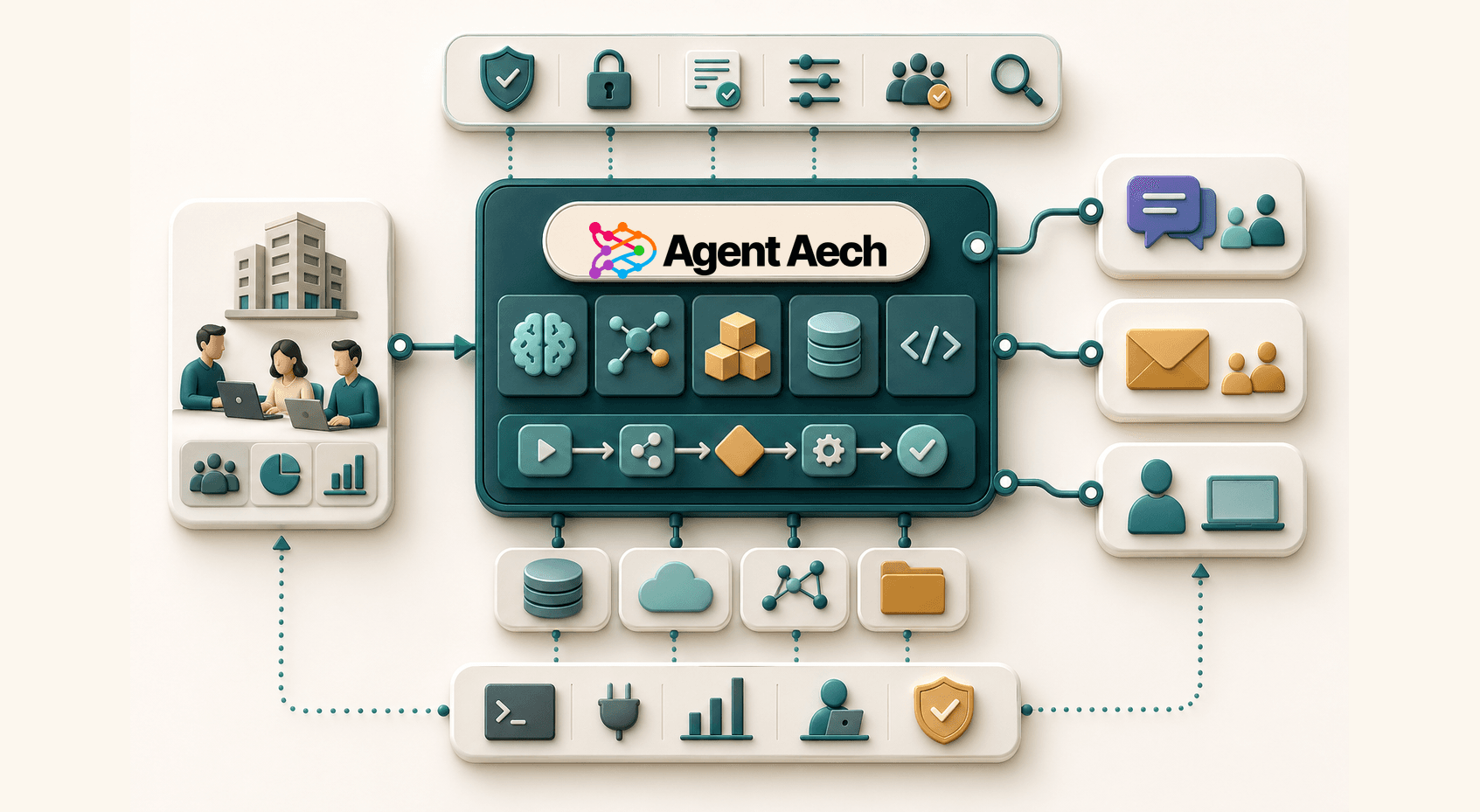 Generated block-flow diagram showing internal teams turning business requests into governed agents, tools, and work channels