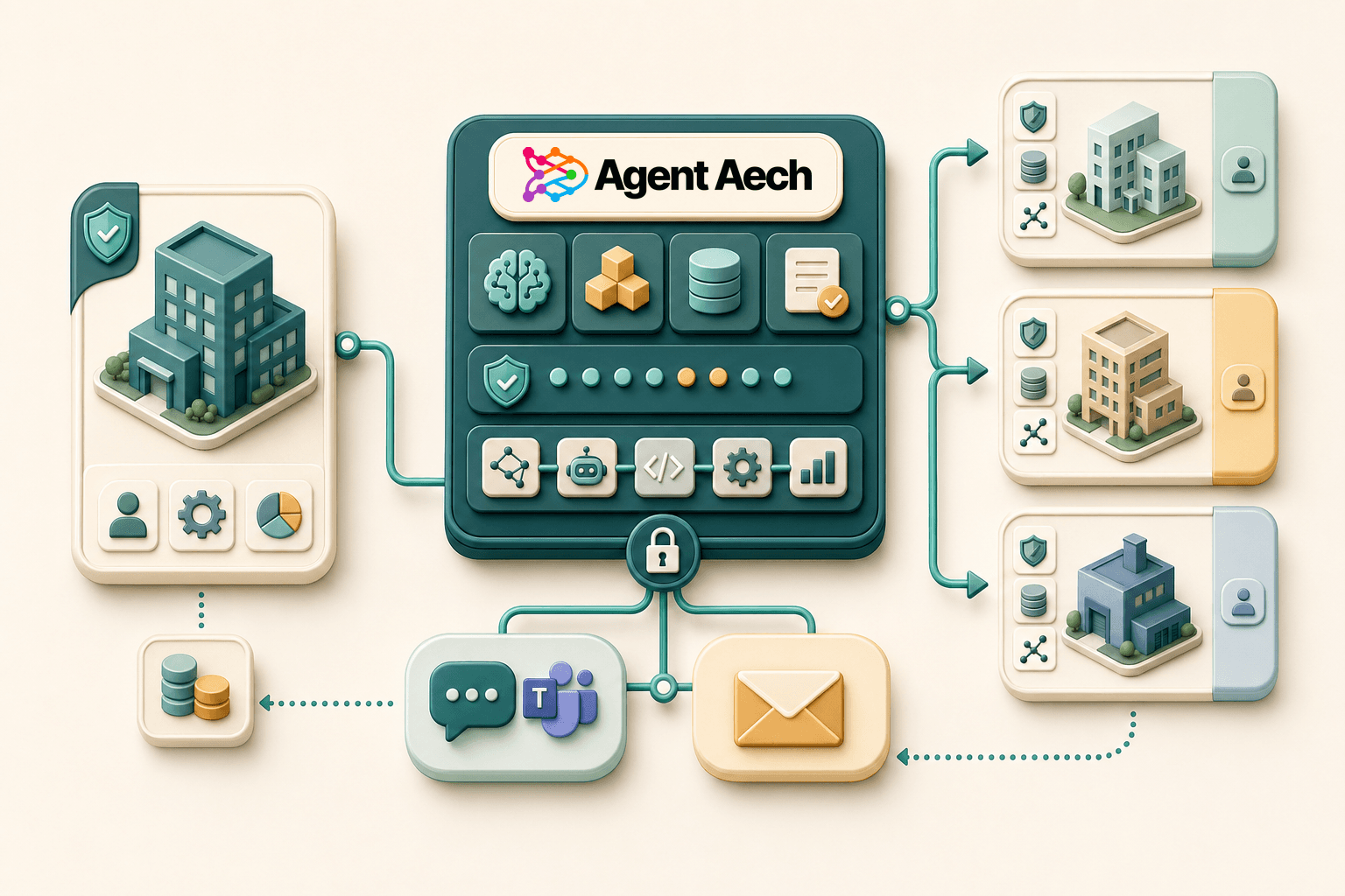 Generated block-flow diagram showing Agent Aech coordinating governed customer workflows for trusted service operators