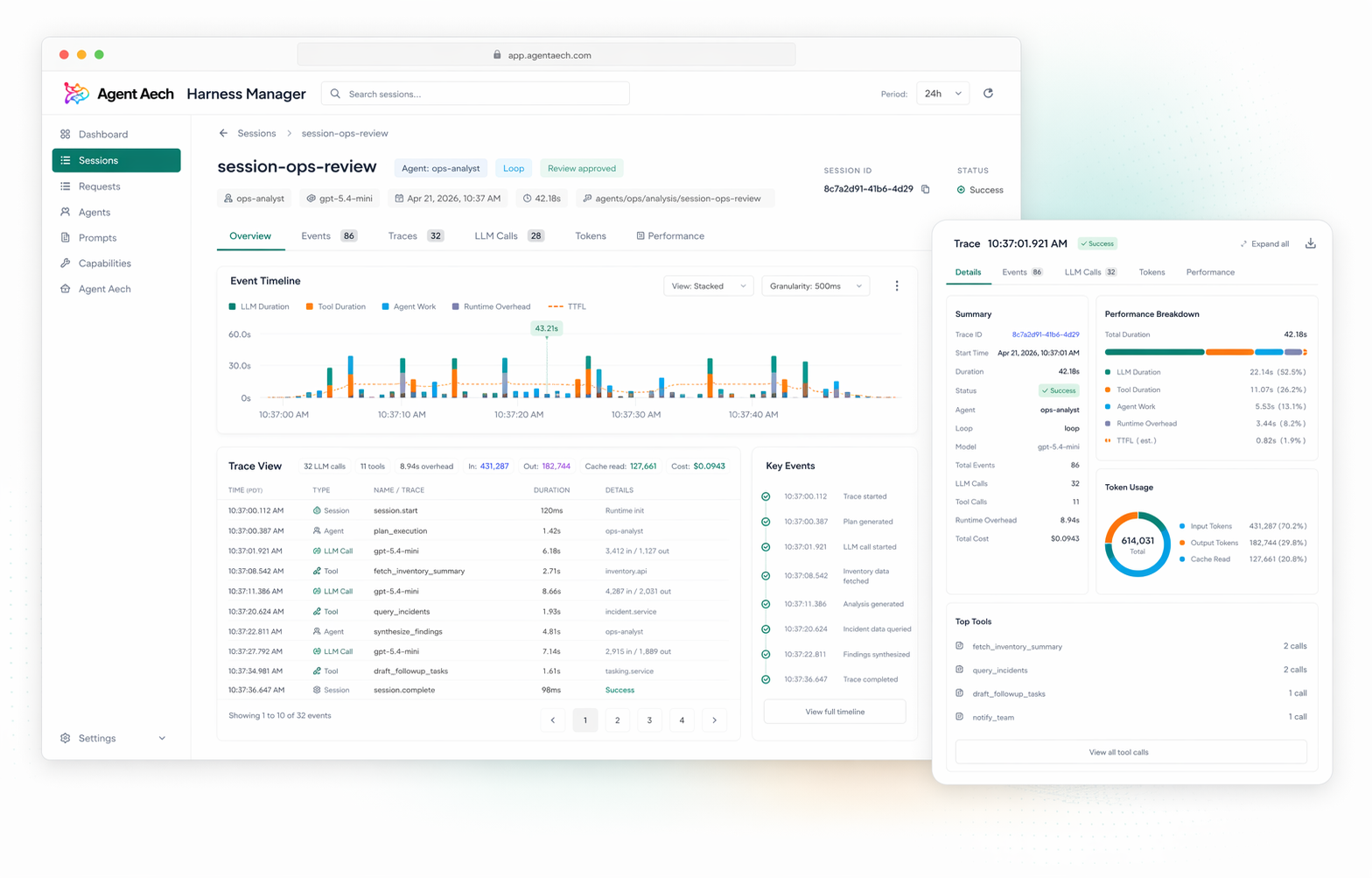 Synthetic runtime observability visual with trace and performance views
