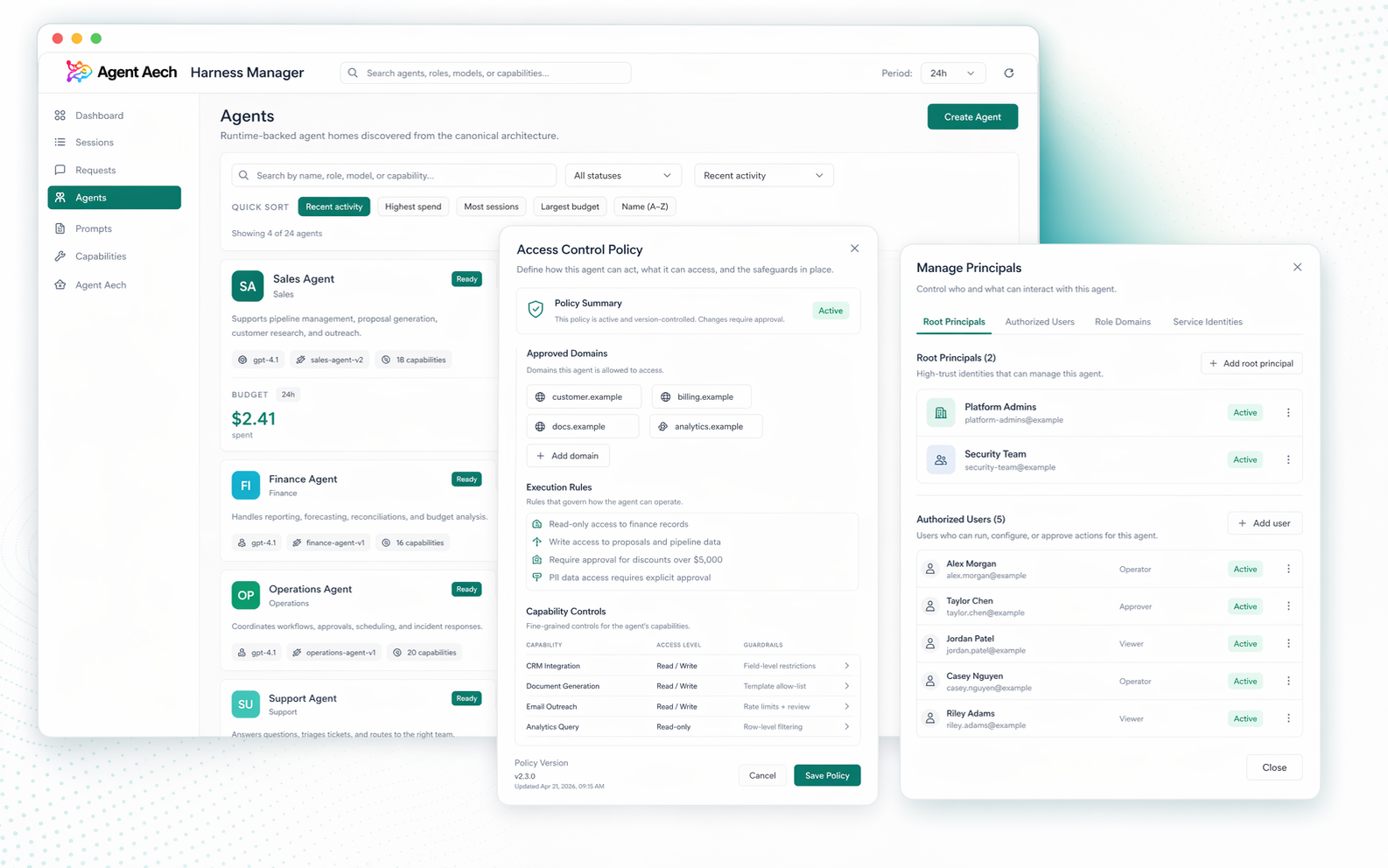 Synthetic governance visual showing policy, access, and principal management