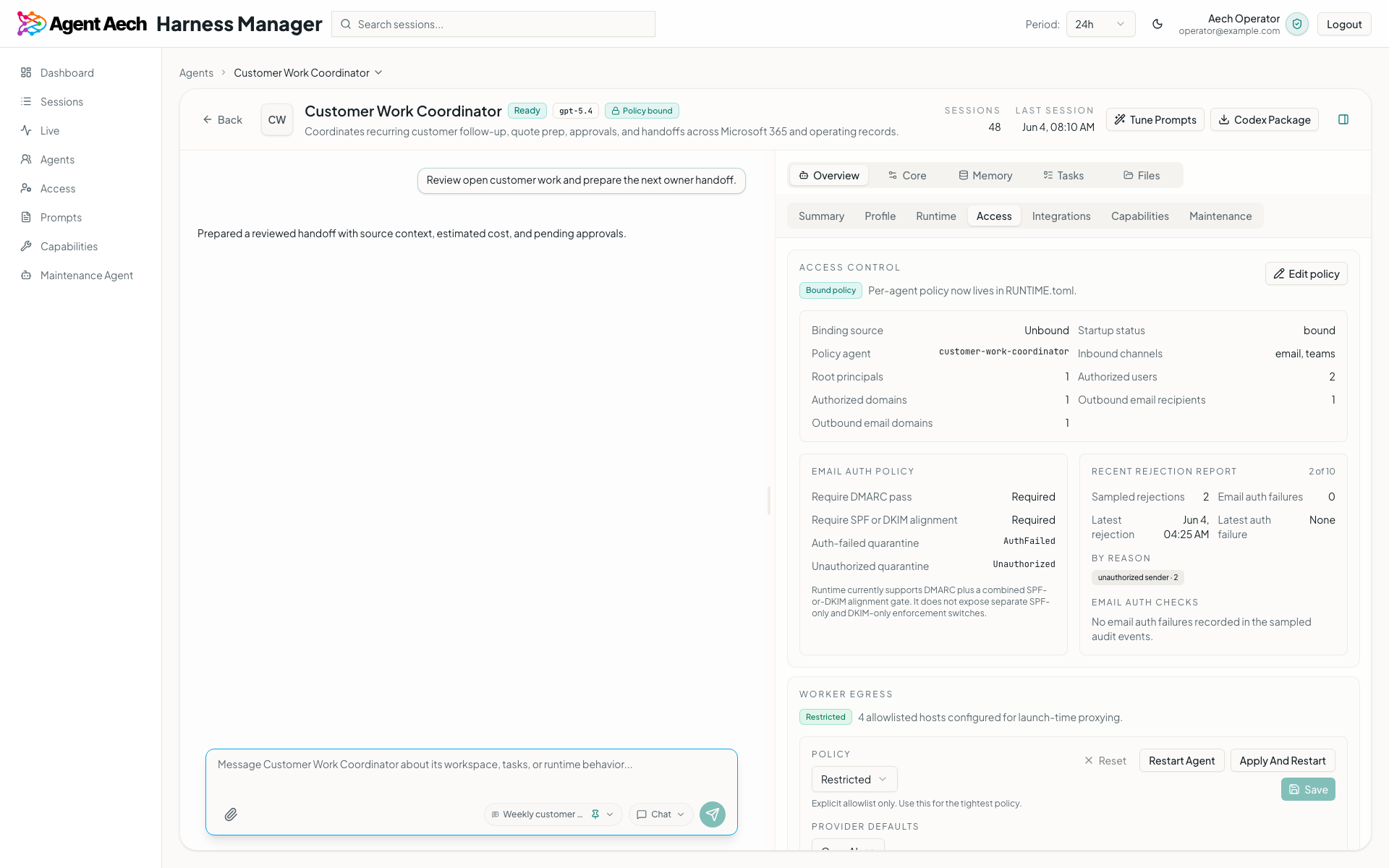 Agent Aech access controls showing policy binding, email authentication, worker egress, and review controls
