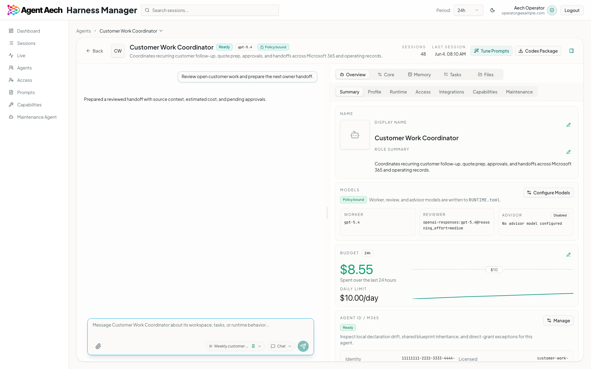 Agent Aech agent configuration showing runtime settings, budget, Agent ID, and Microsoft 365 delegation