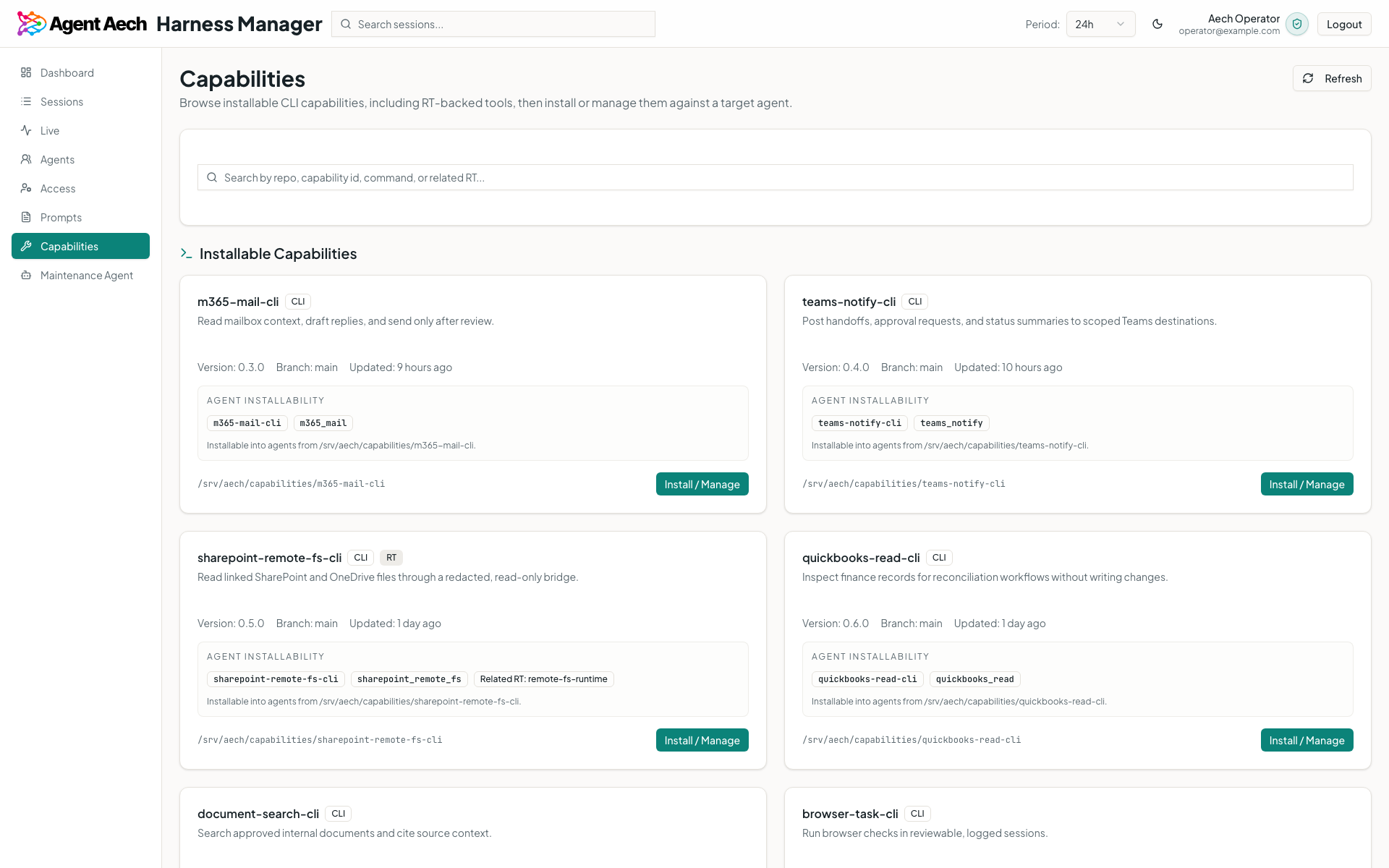 Agent Aech capabilities catalog showing scoped tools for mail, Teams, SharePoint, finance, documents, and browser tasks